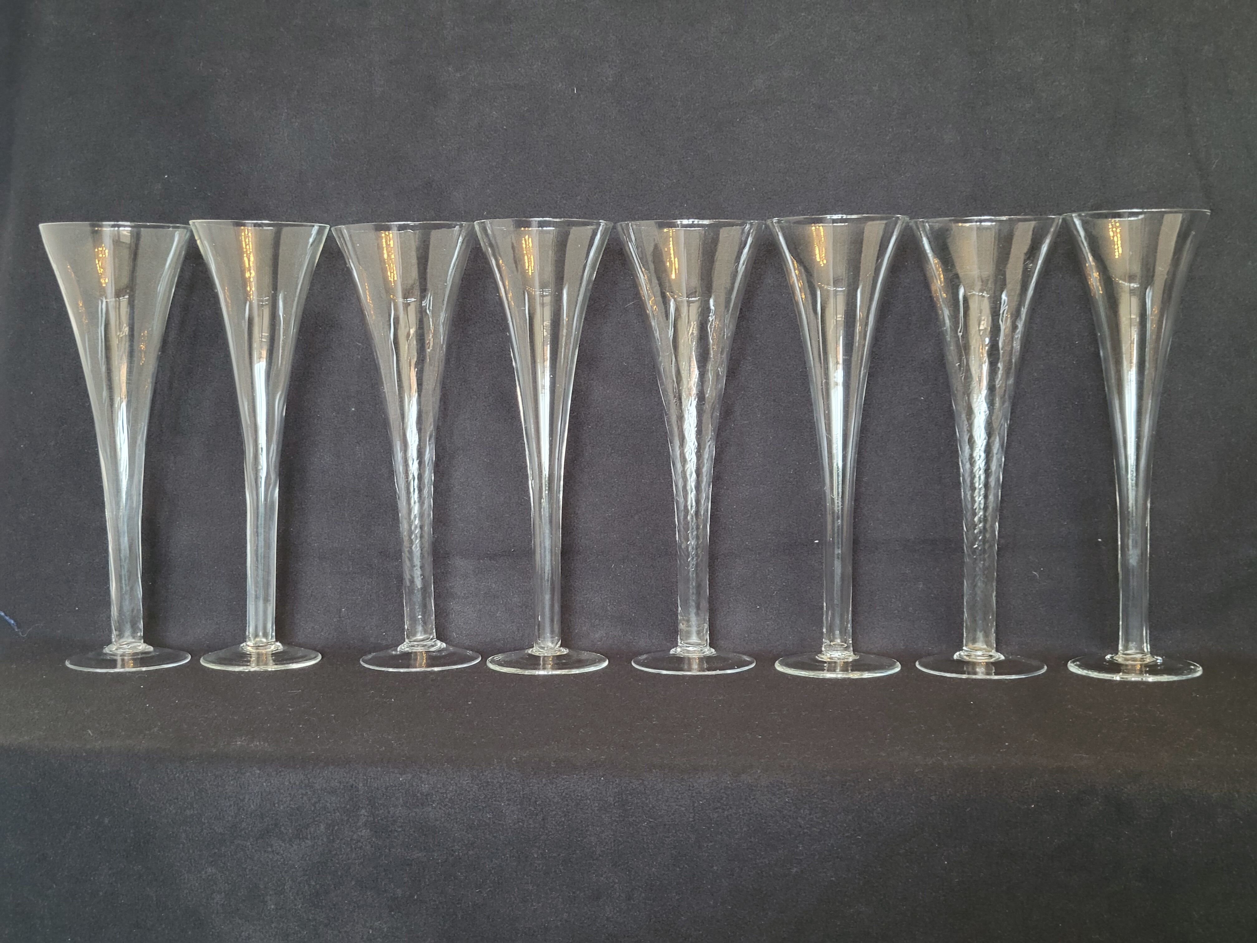 8 old champagne flutes evased blown glass model impossible