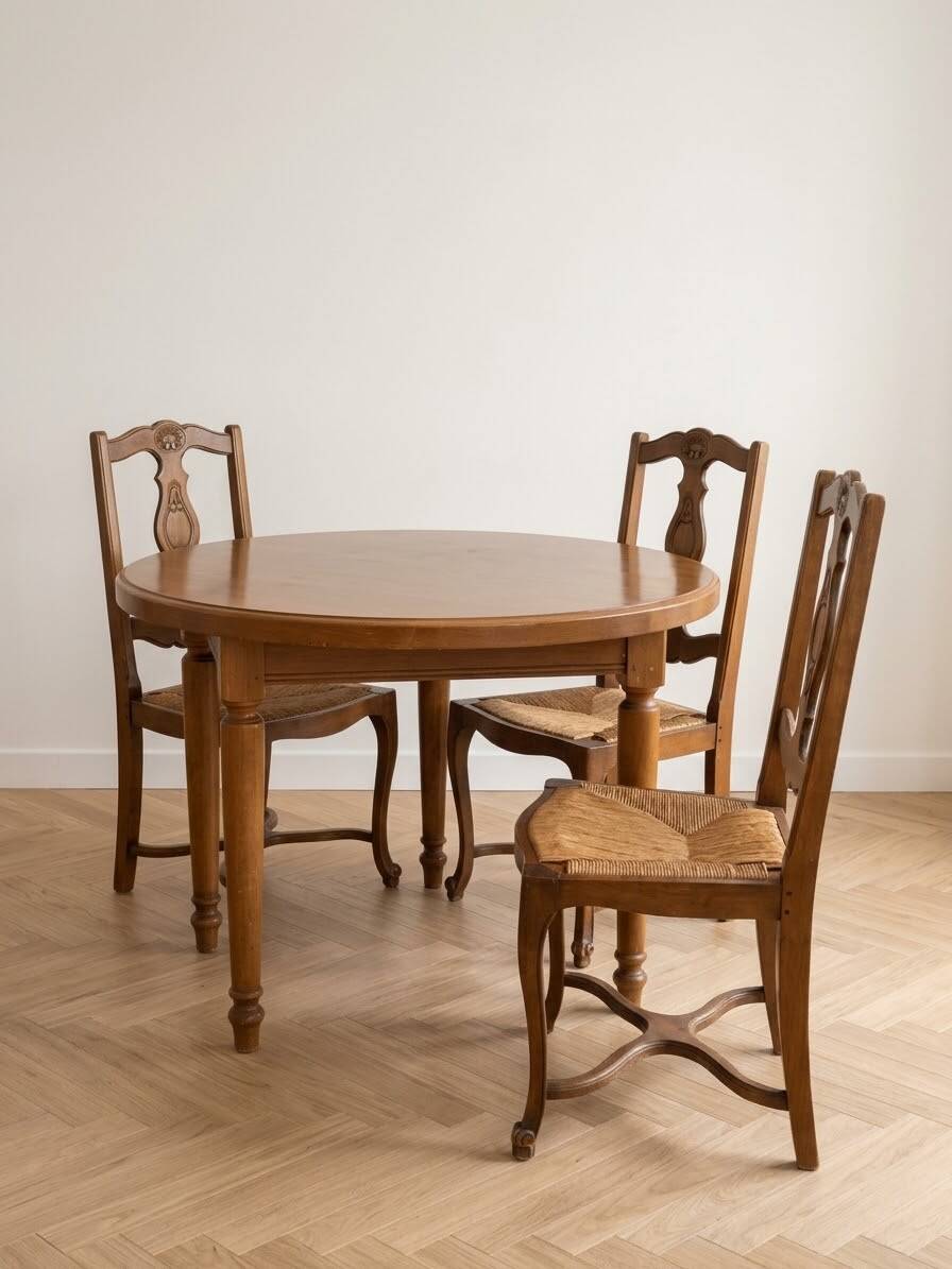 Ensemble table ronde et 6 chaises paillées en bois massif