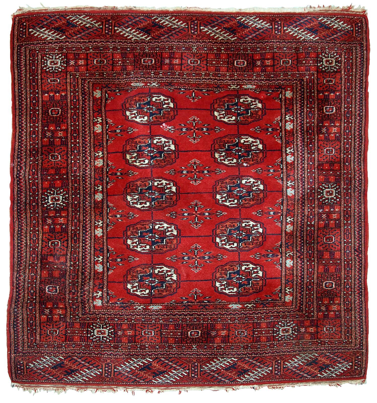 Tapis vintage fait main Tekke en laine rouge (109cm x 112cm) – Années 1970