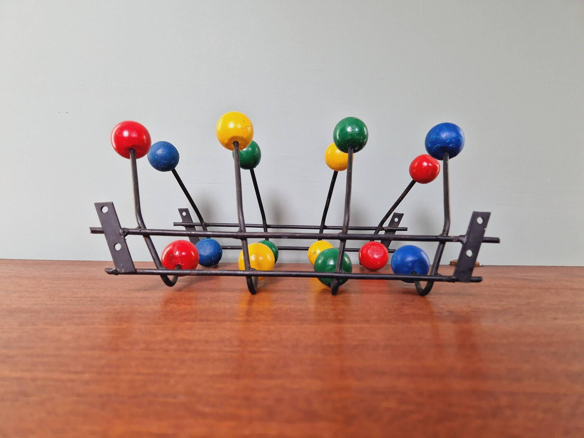 Vintage wall coat rack with 8 hooks in metal and wood (4 available), 1960s