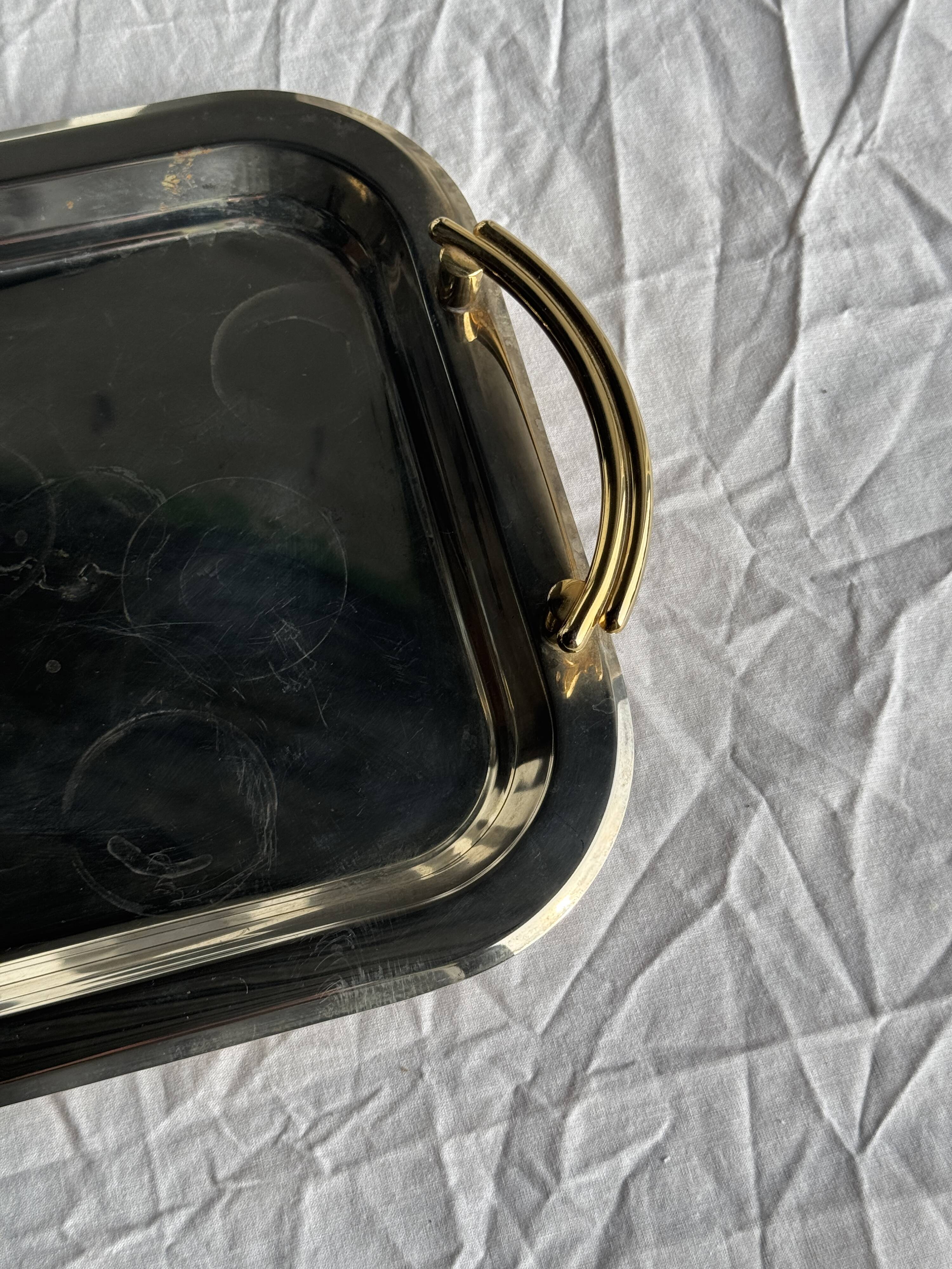 Silver-plated vintage tray with golden handles 29x45