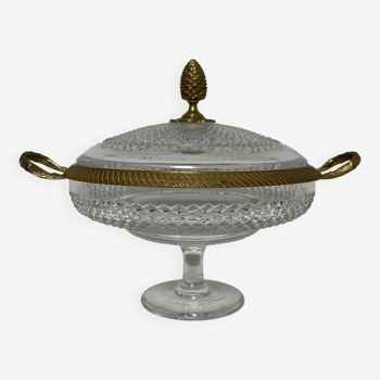Covered bowl in crystal and gilded bronze decorated with points