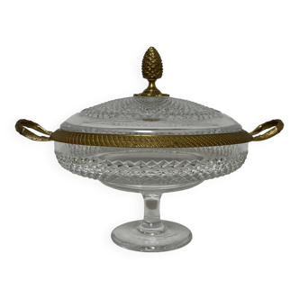 Covered bowl in crystal and gilded bronze decorated with points