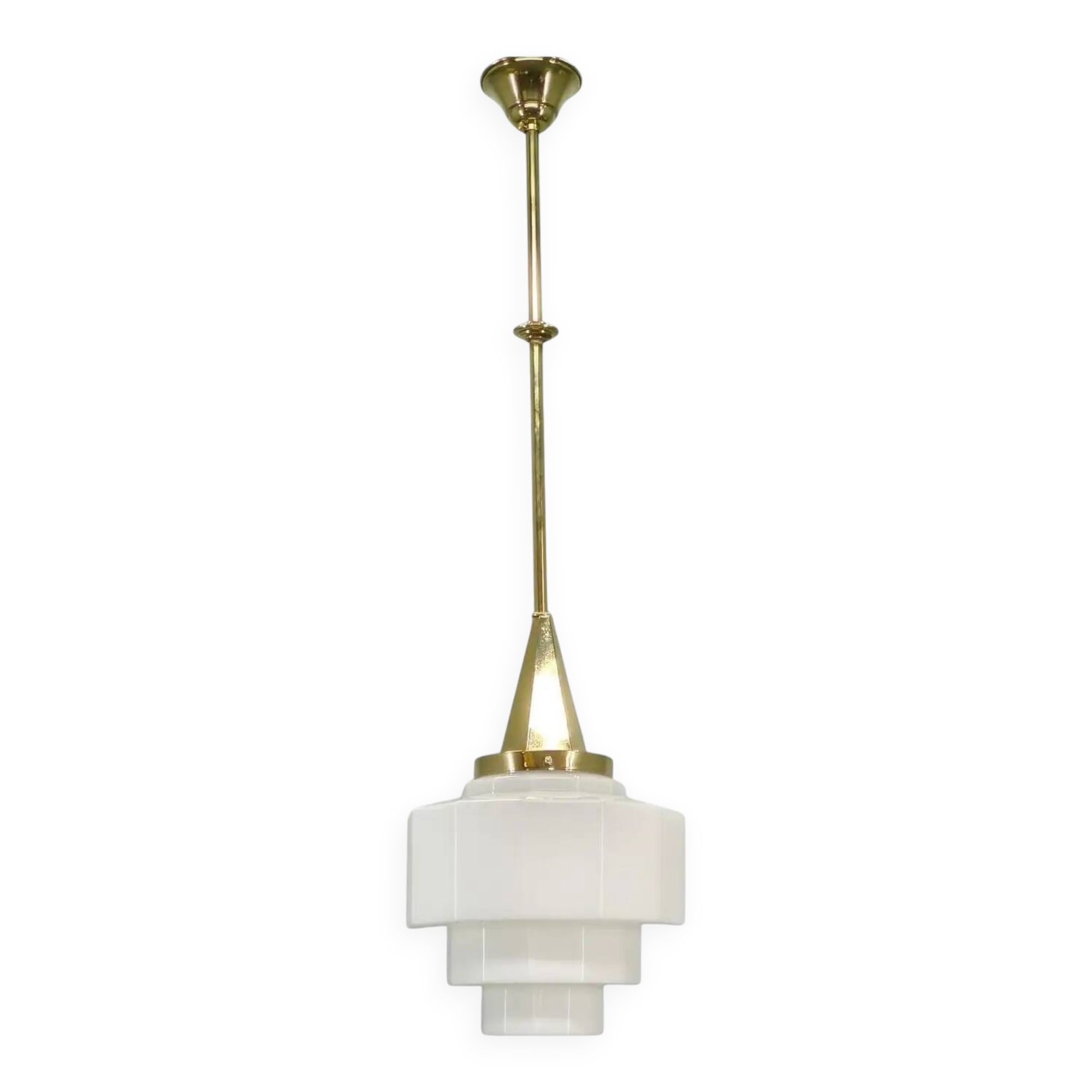Art Deco Brass Pendant with Geometric Opaline Glass, Czechoslovakia 1930s