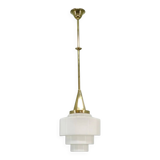 Art Deco Brass Pendant with Geometric Opaline Glass, Czechoslovakia 1930s