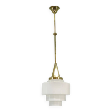 Art Deco Brass Pendant with Geometric Opaline Glass, Czechoslovakia 1930s