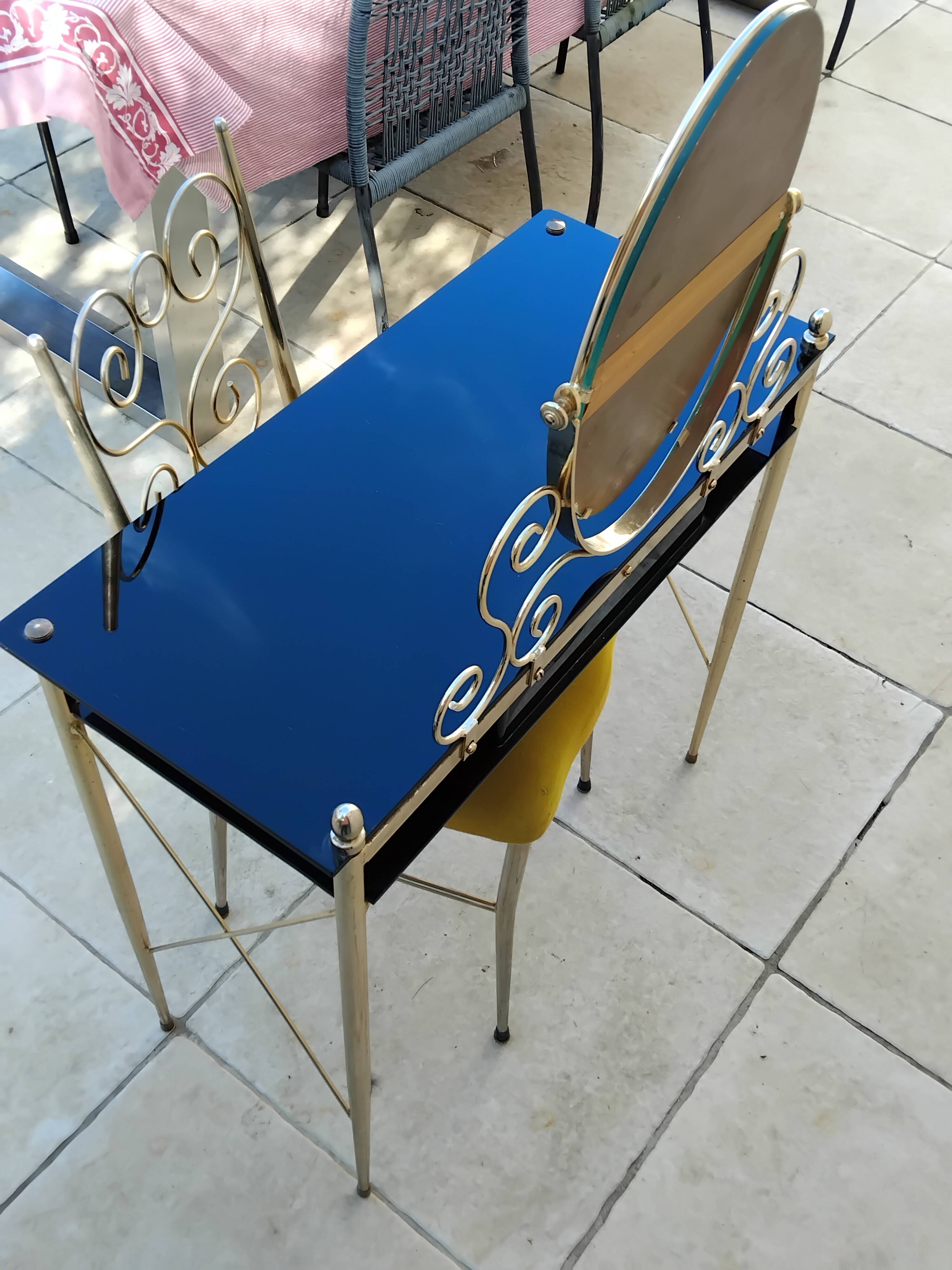 Coiffeuse et chaise vintage verre et métal dorée