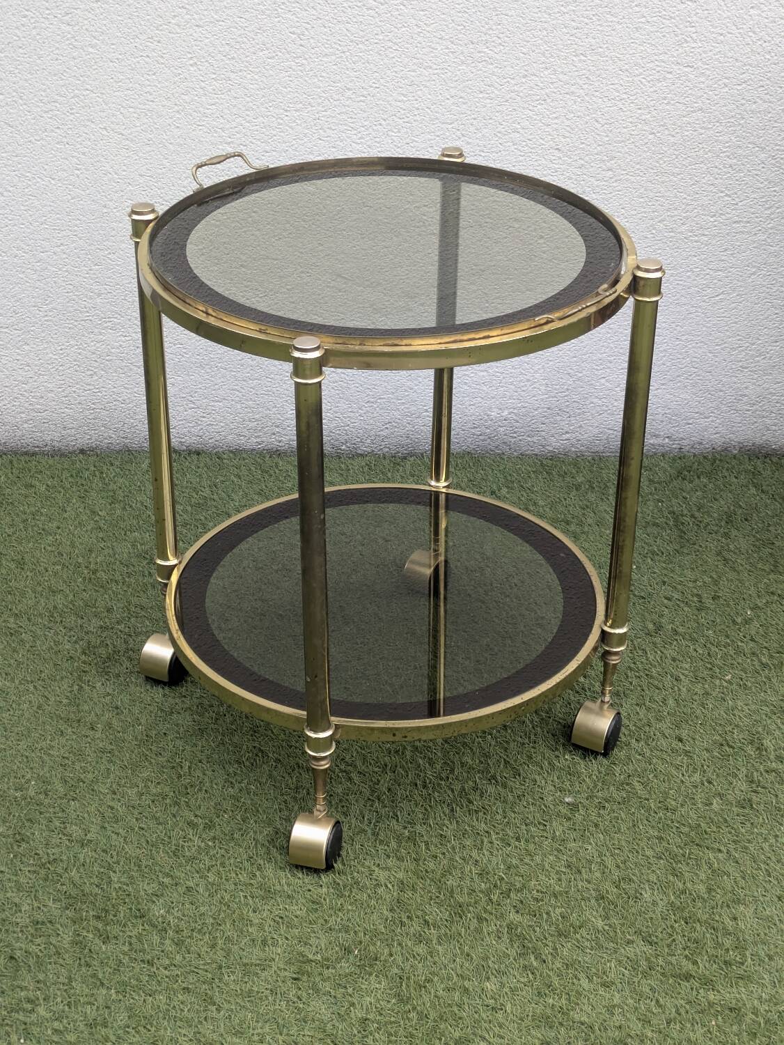 Rolling table, vintage brass and smoked glass serving cart – 1960s