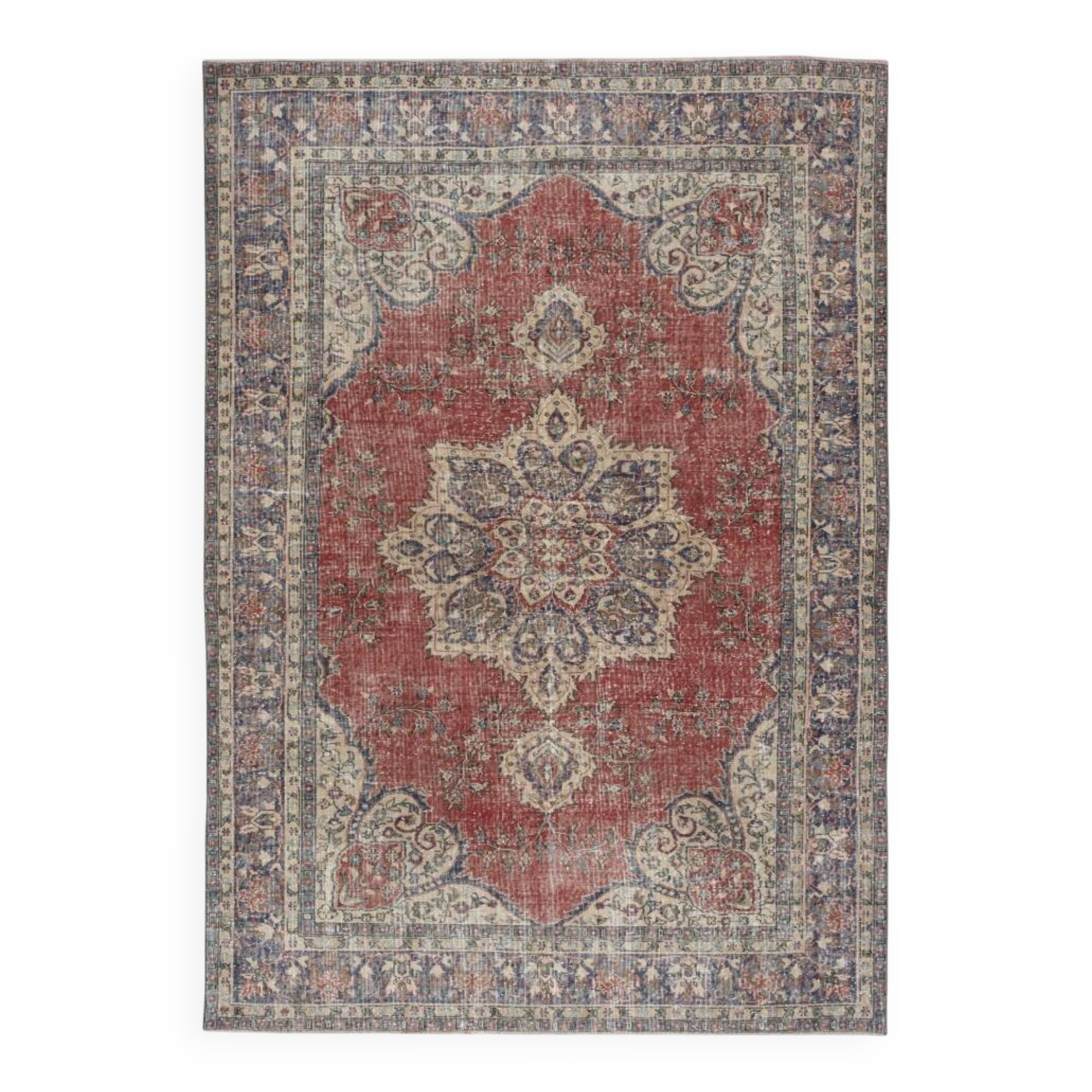 Traditional Vintage Handmade Turkish Area Rug. Hand-knotted Wool Carpet with Medallion Design