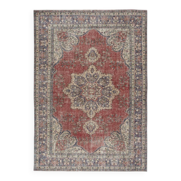 Traditional Vintage Handmade Turkish Area Rug. Hand-knotted Wool Carpet with Medallion Design