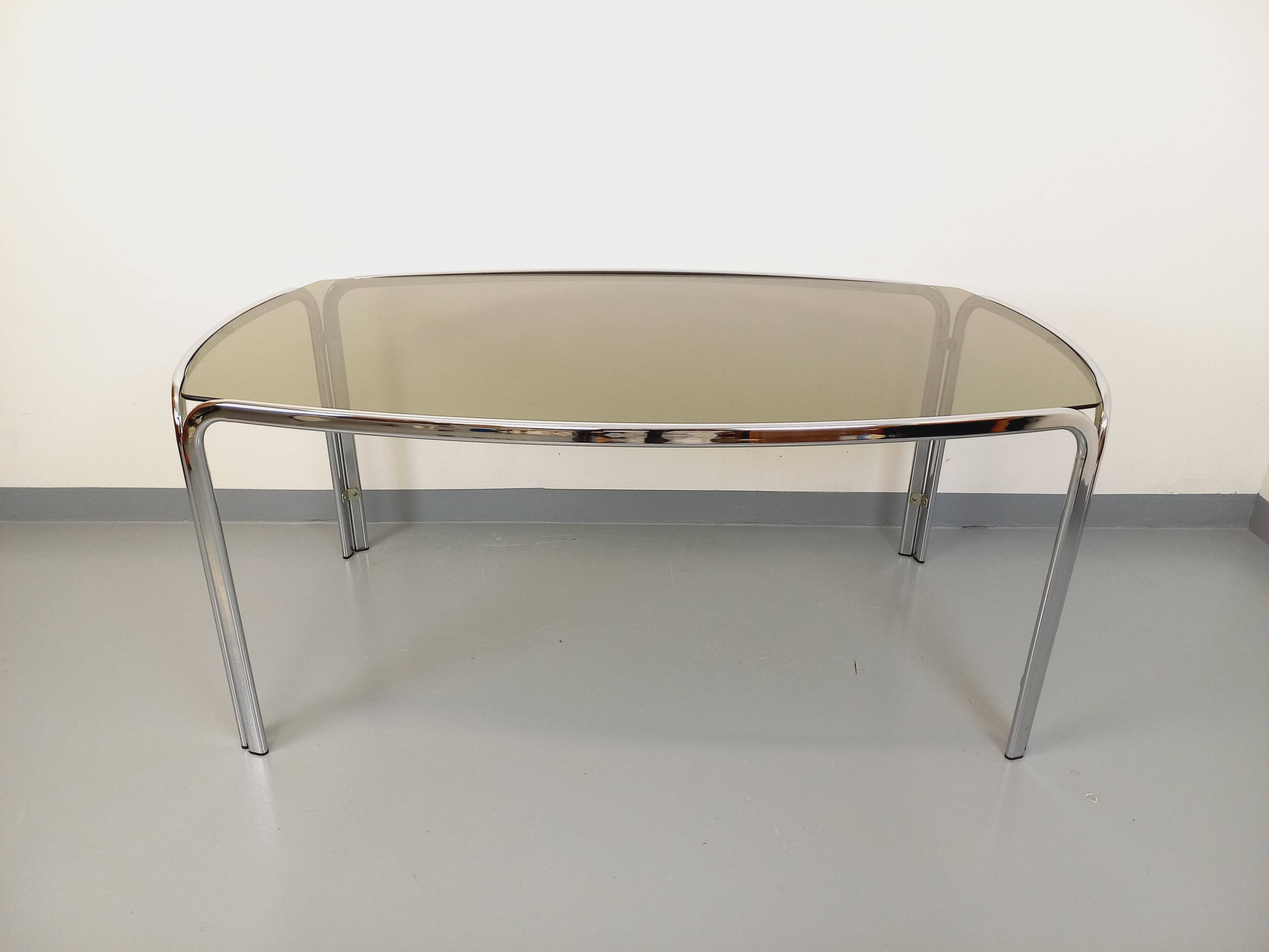 Vintage curved rectangular dining table in smoked glass and chrome metal