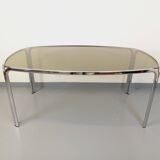 Vintage curved rectangular dining table in smoked glass and chrome metal