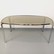 Vintage curved rectangular dining table in smoked glass and chrome metal