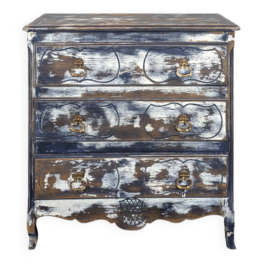 Commode 3 Tiroirs Style Louis XV – Gris Patiné Ancien – Bois Massif 93x46cm
