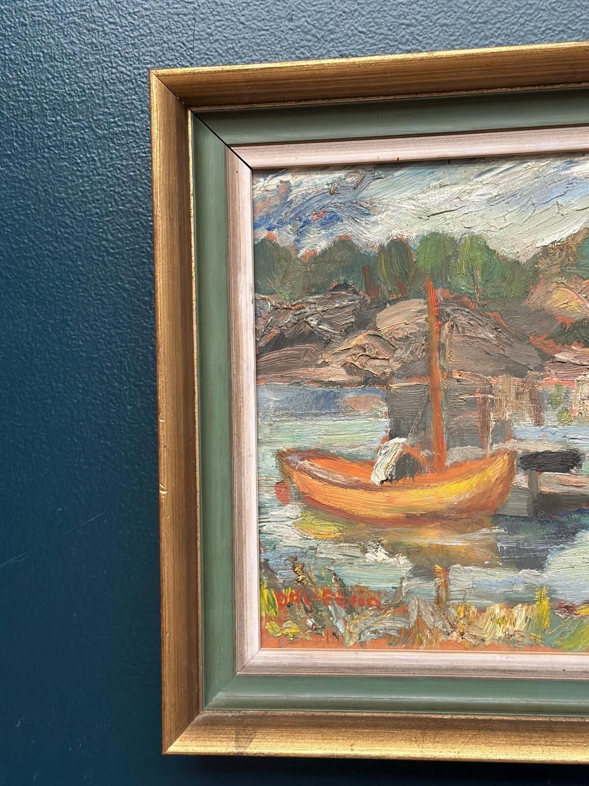 Original Swedish Oil On Panel – “Dock” By Dal‑Edvin – Signed – Vintage & Framed – 31 × 30 Cm (12.2" × 11.8")