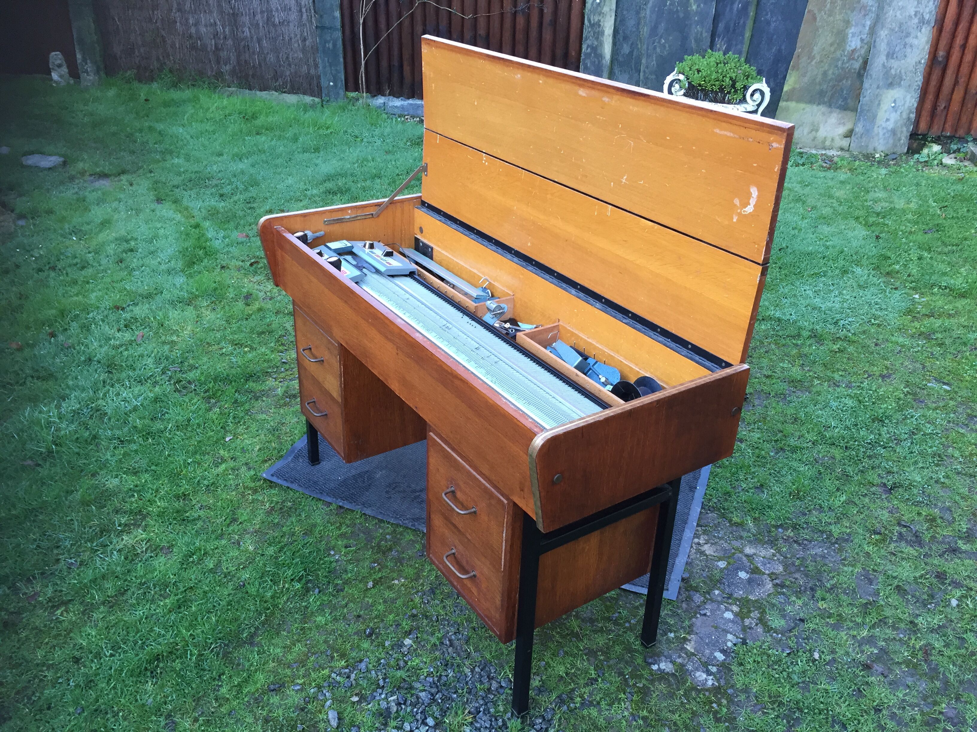 Vintage oak console desk table with square metal tube base (knitting machine)