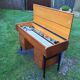 Vintage oak console desk table with square metal tube base (knitting machine)