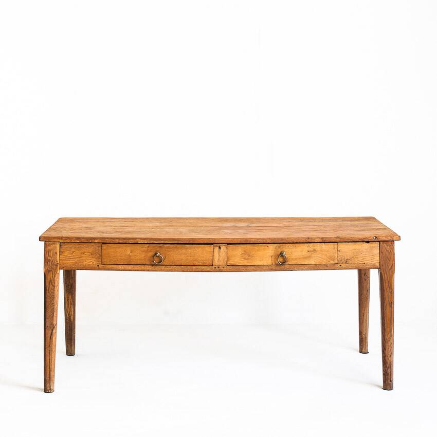 Farmhouse table with two large drawers. Oak wood. France, 1940s-50s