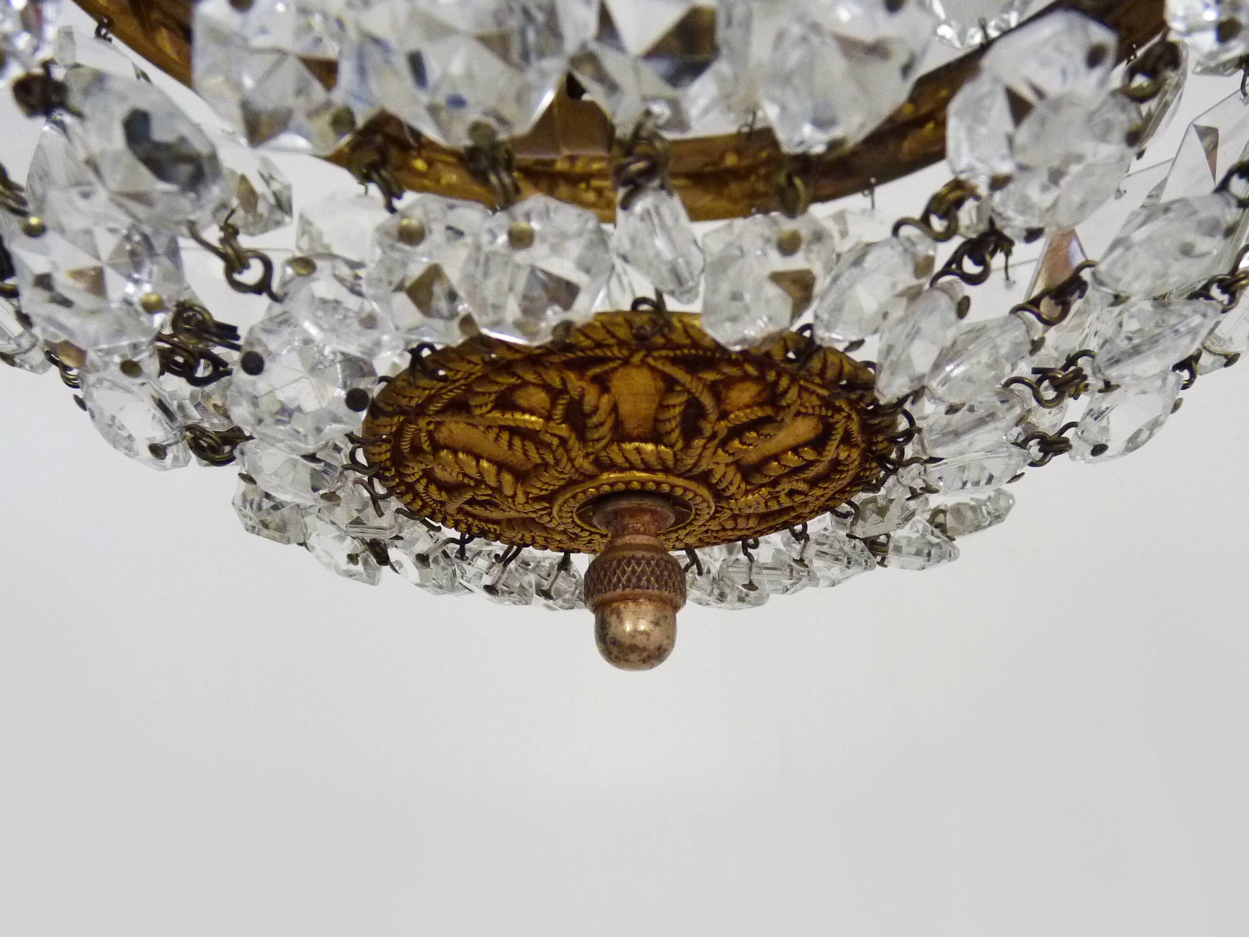 Old crown ceiling light with 3 lights, half basket with glass pendants.