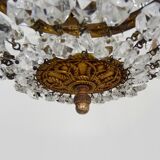 Old crown ceiling light with 3 lights, half basket with glass pendants.