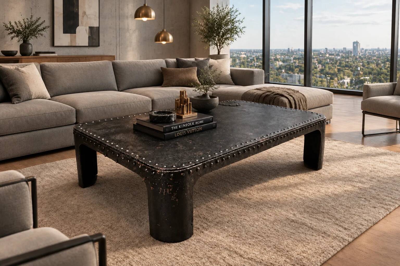 Industrial coffee table in riveted metal from around 1920 – black patina – 145 × 80 cm