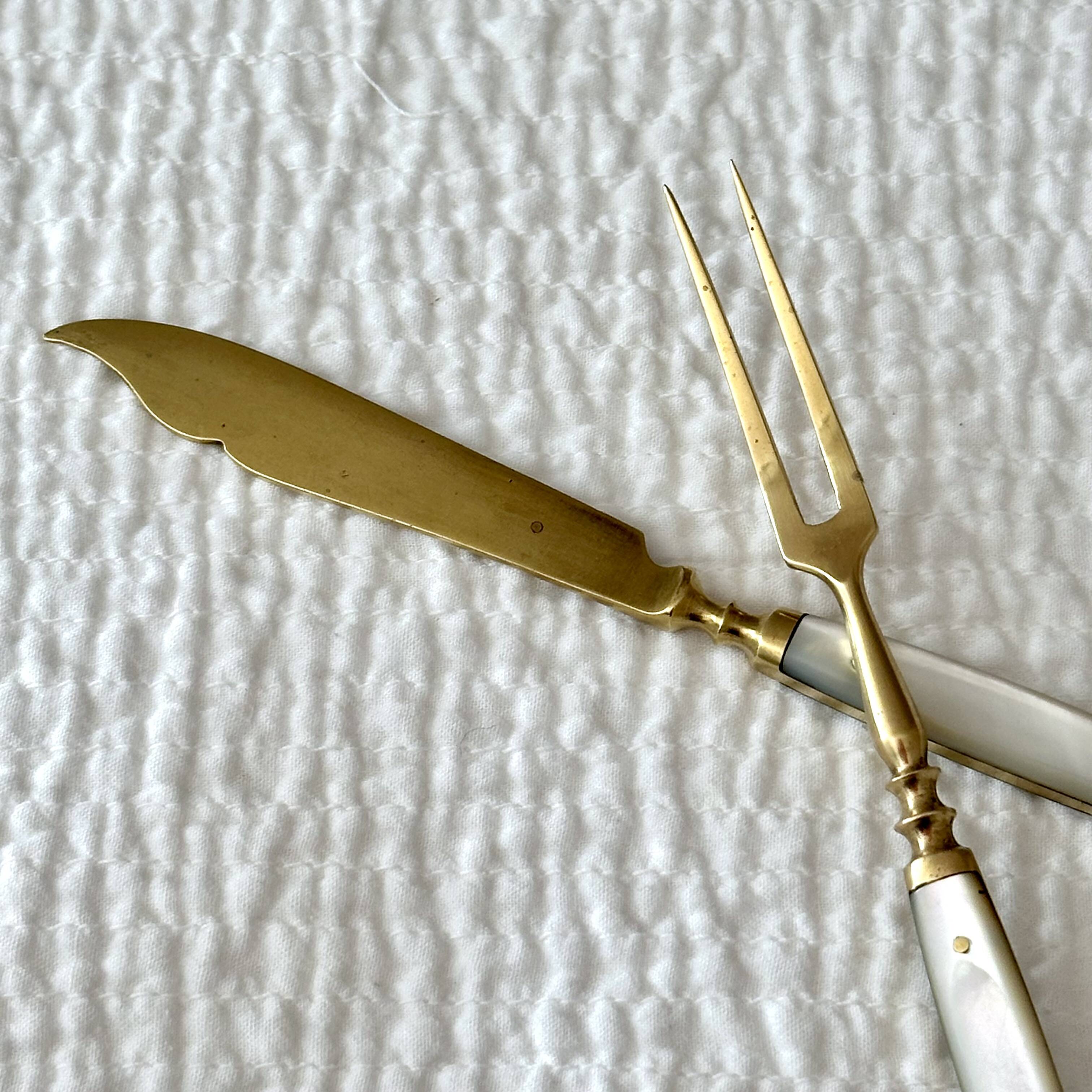 Antique Fruit Cutlery Set for 6 · Brass & Mother-of-Pearl · Original Box