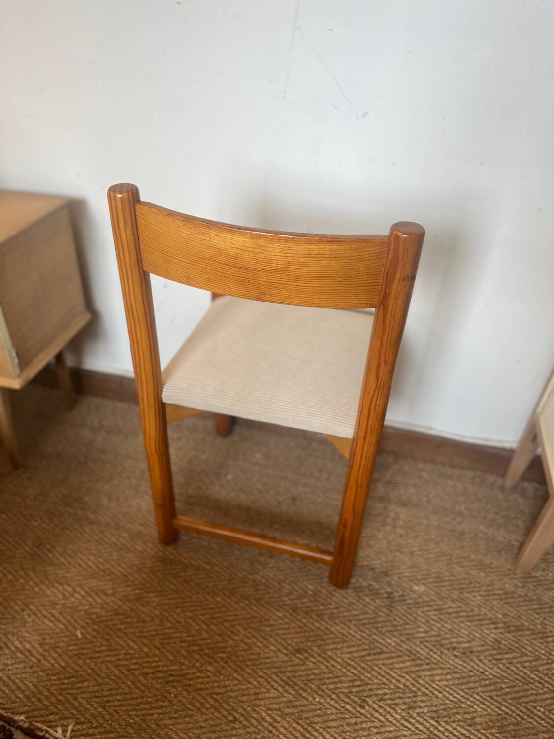 Vintage wooden chair with cream white corduroy seat