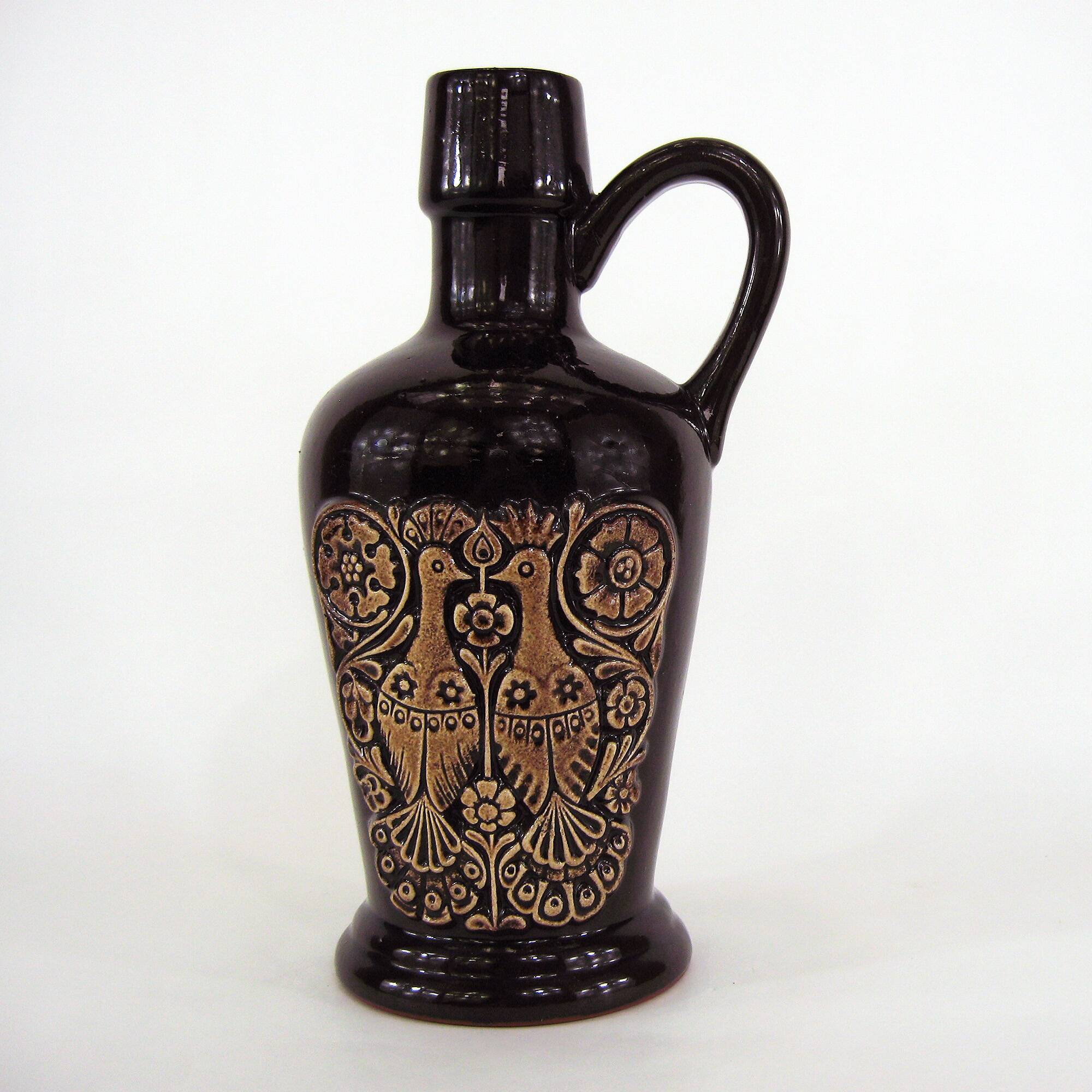 Ceramic pitcher vase - bird and flower decor - vintage 70s