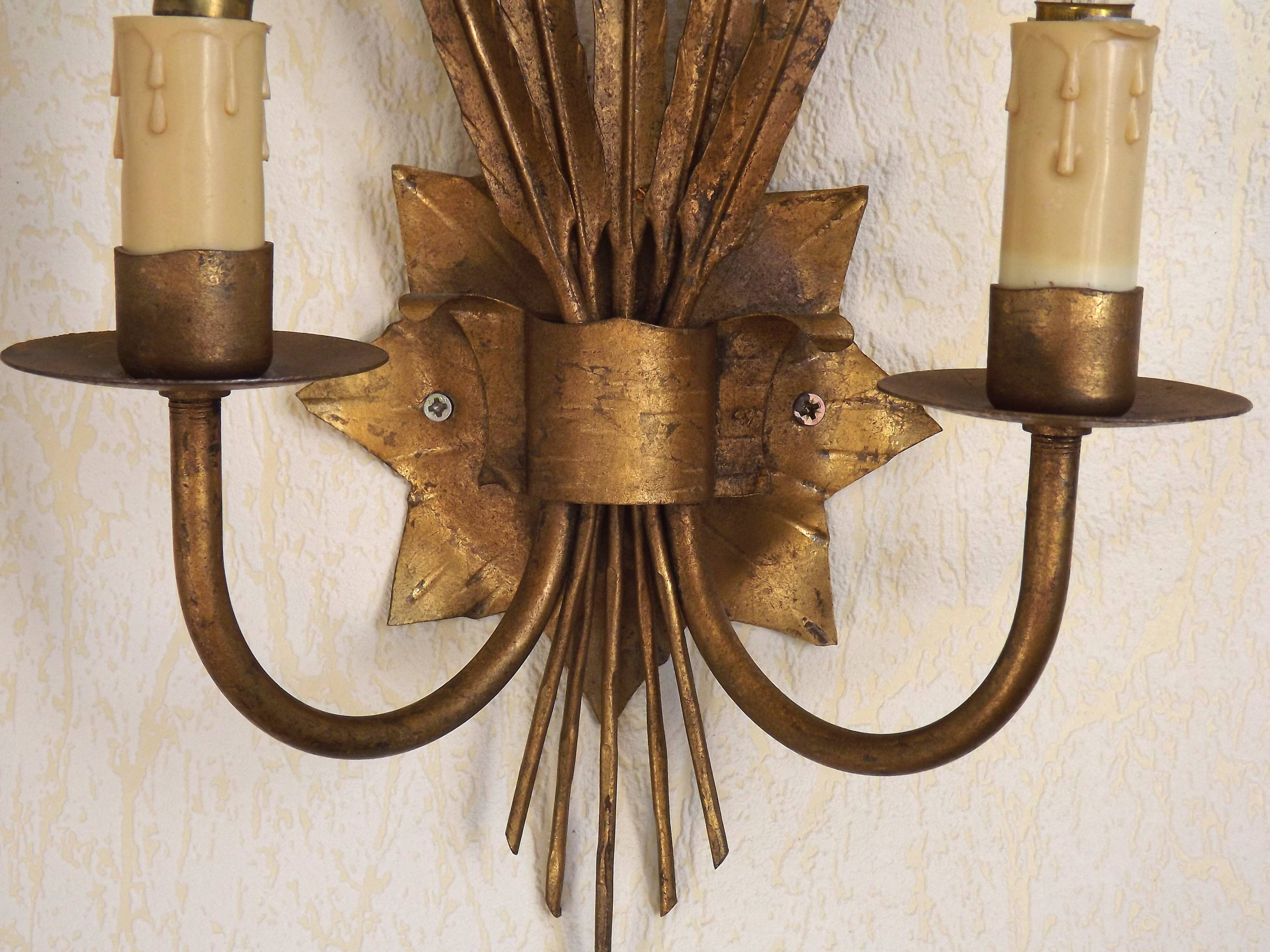 Matching Pair Large 'Ferro Art' Spain, 1950s Reed Leaf Double Wall Lights 5