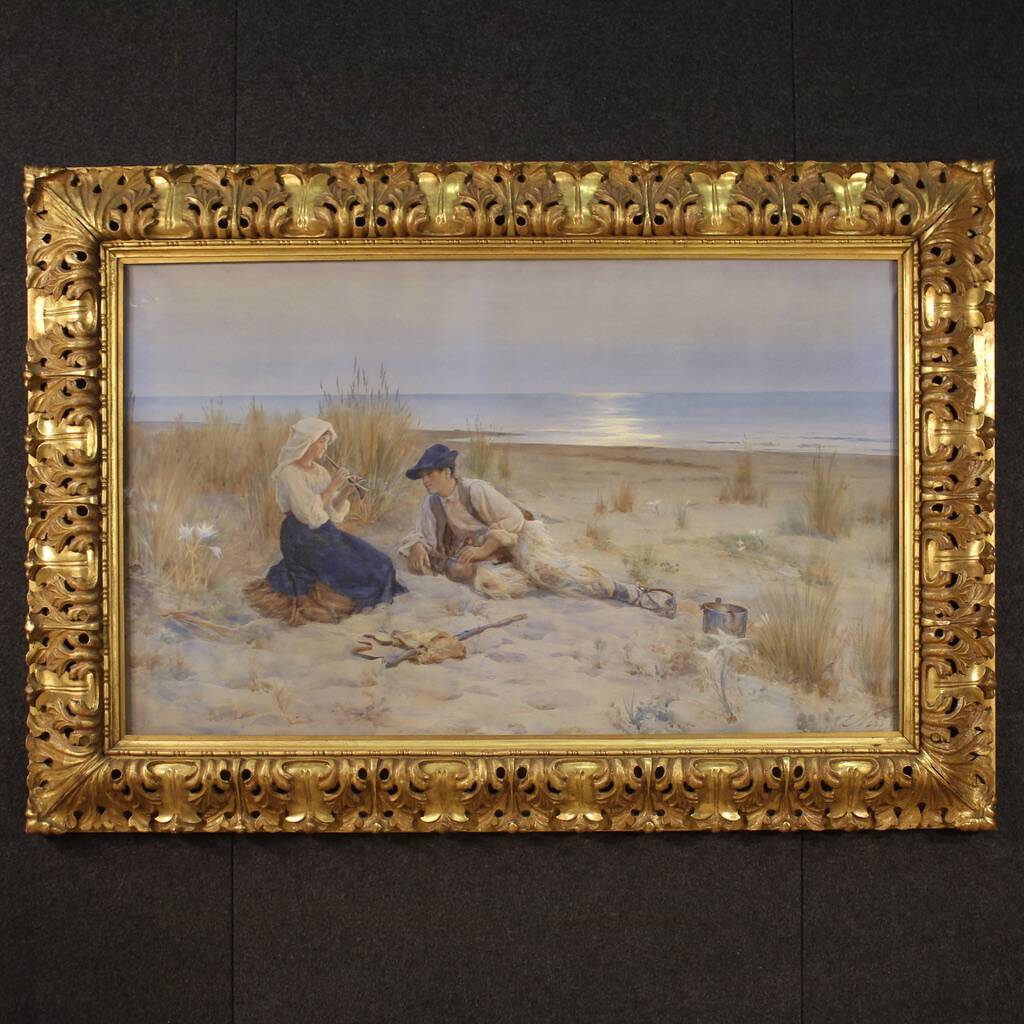 Italian painting watercolor seascape from the 20th century