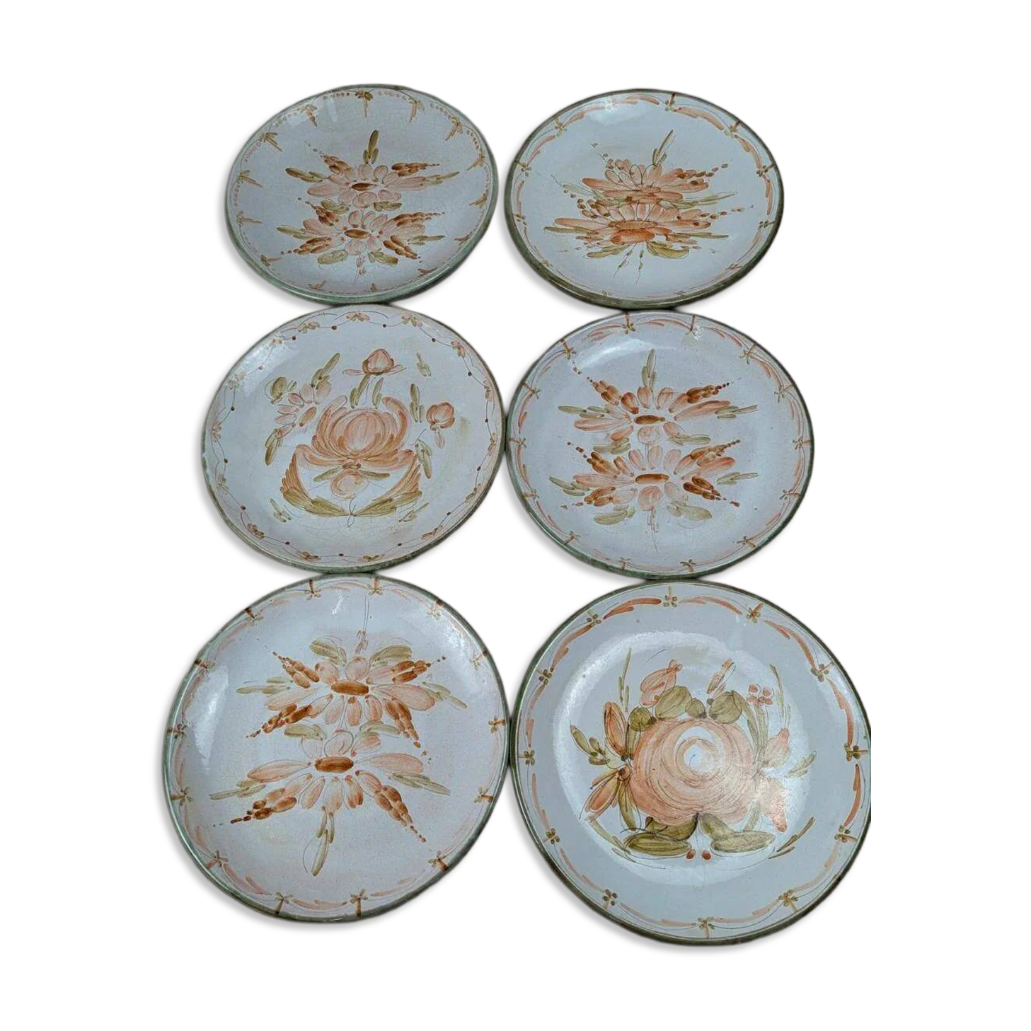 Set of 6 handmade flat plates signed by Maïté – hand-painted designs