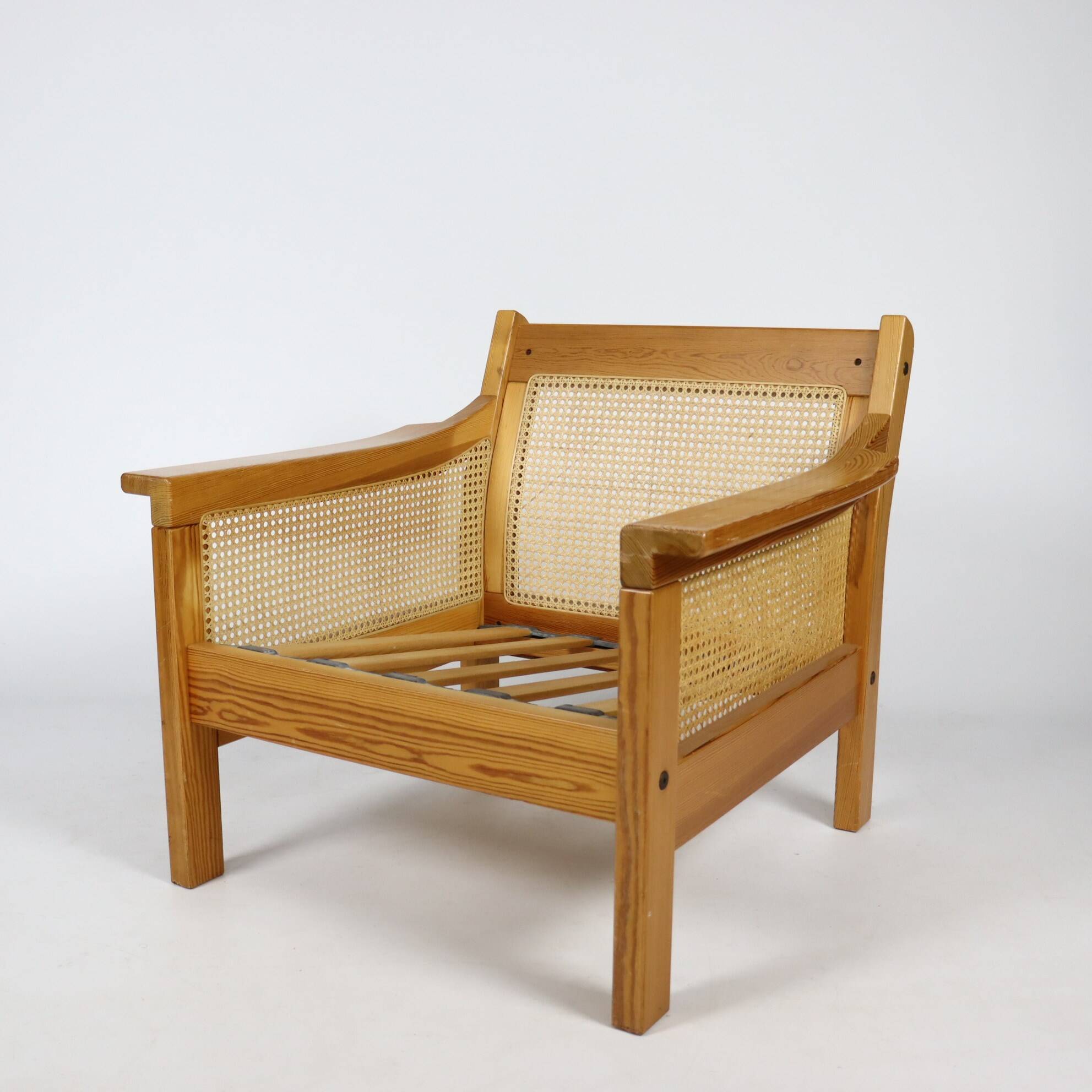 Pair of 70s cane and pine armchairs