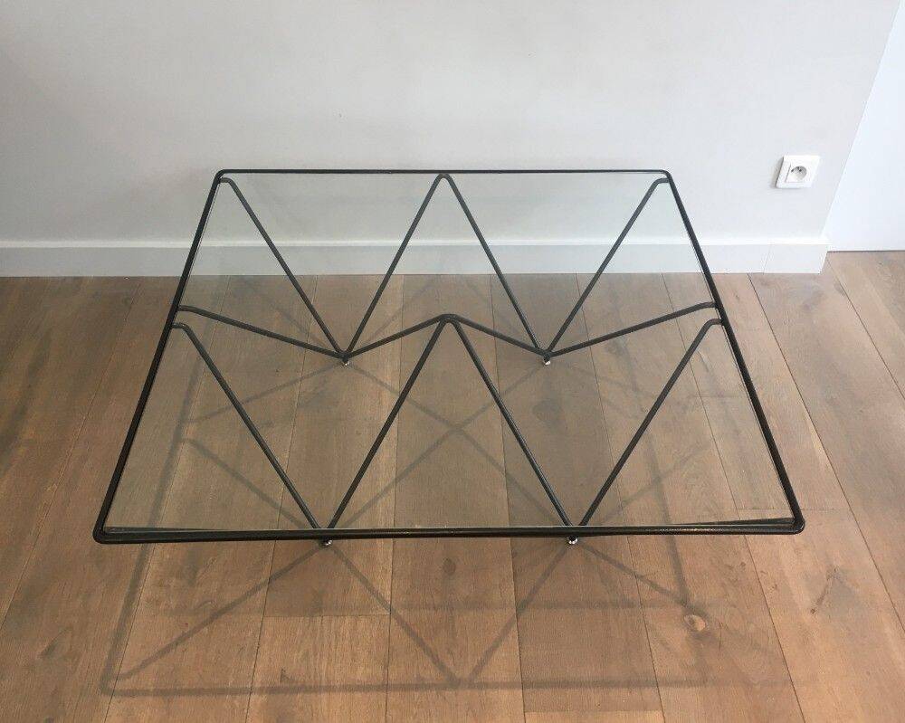 Black lacquered metal coffee table with a clear glass top. Attributed to Paolo Piva.