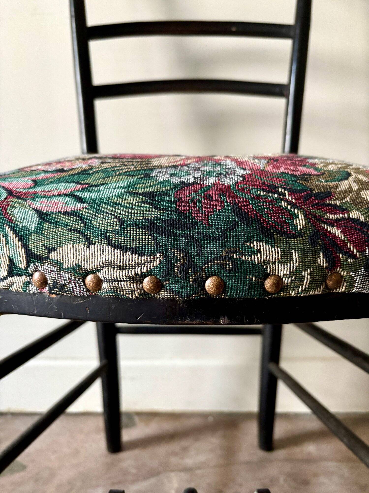 Napoleon III chair in black wood and floral jacquard