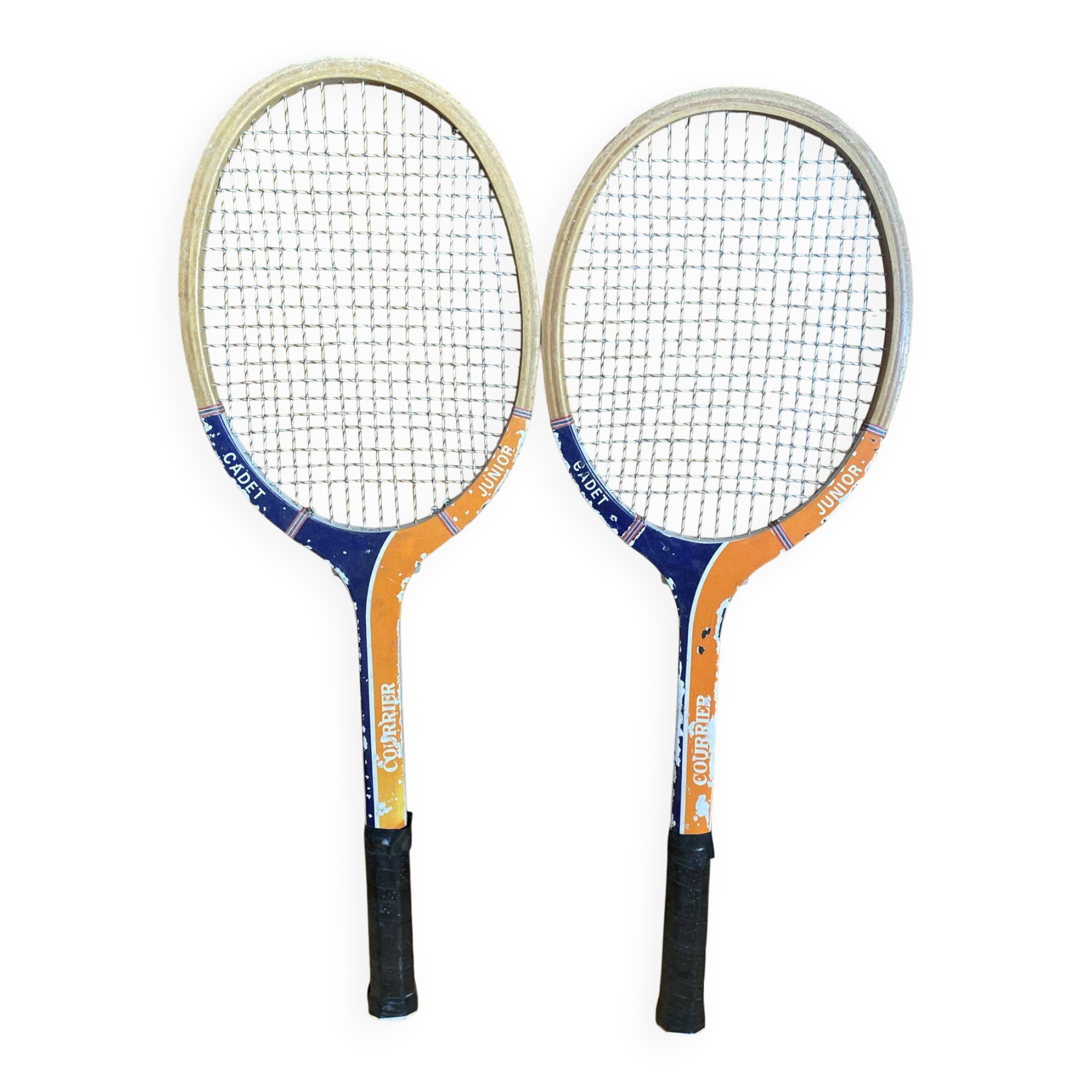 Pair of vintage wooden tennis rackets for cadet junior sport courier