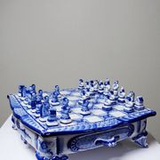 Gzhel porcelain travel chess set signed Yuri Garanin