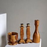 Carved wooden candle holders and bowl set | Sweden | 1970s