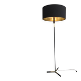 Designer floor lamp in black lacquered metal and brass