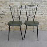 Pair of black metal chairs and khaki green skai, 60s