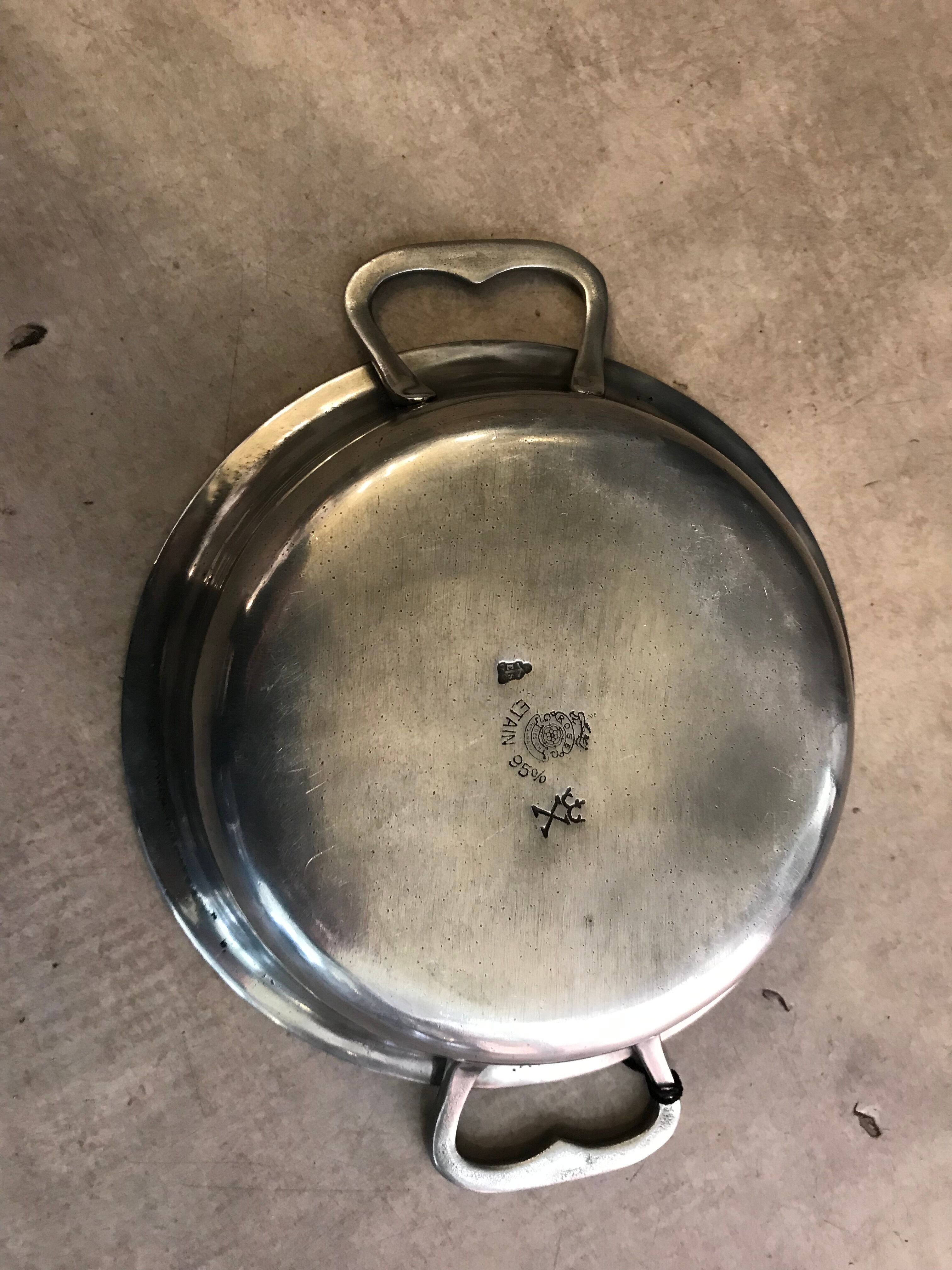 Patinated pewter dish brand pink design cut with handles 80s