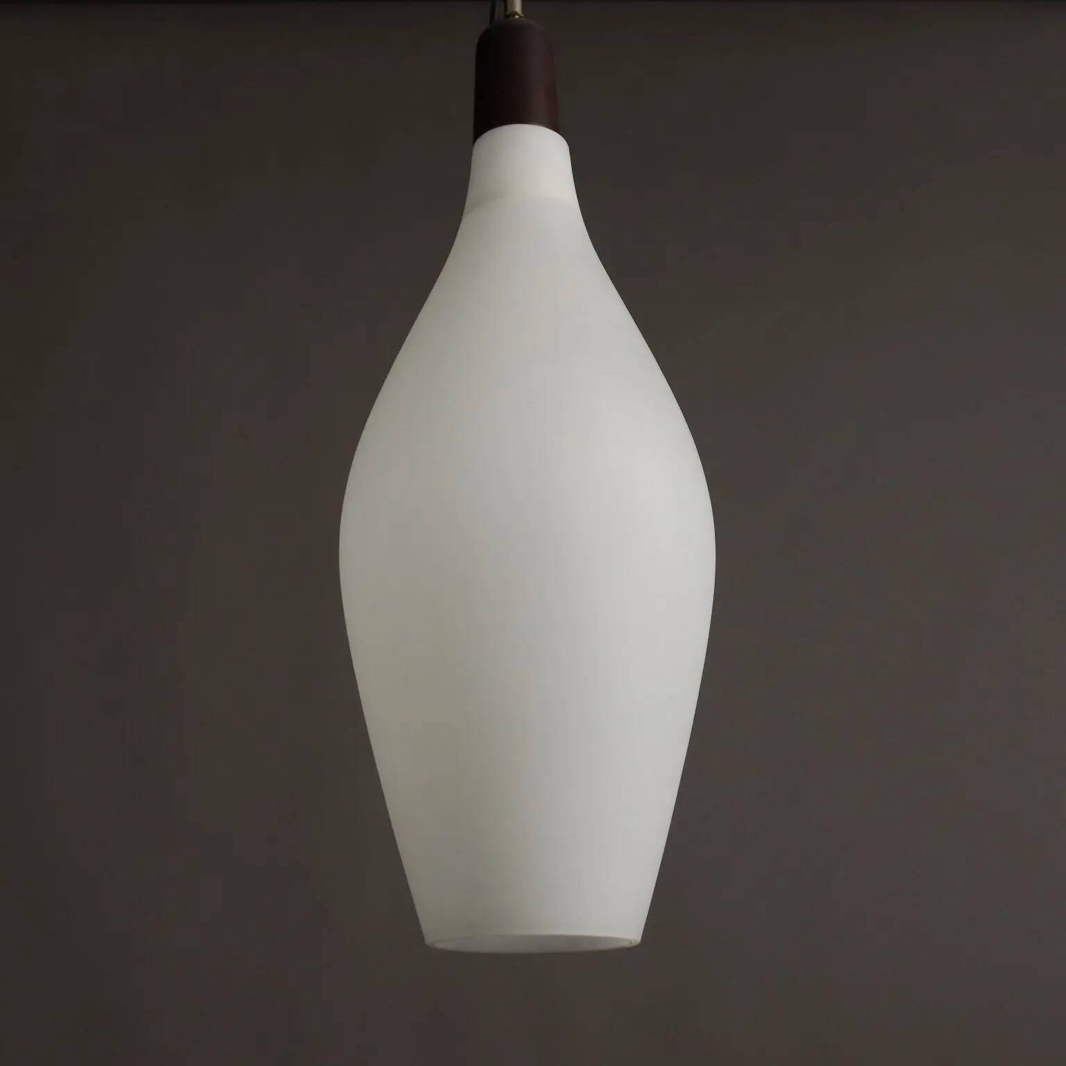 Vintage opaline glass and teak suspension, Italy, 1960s.