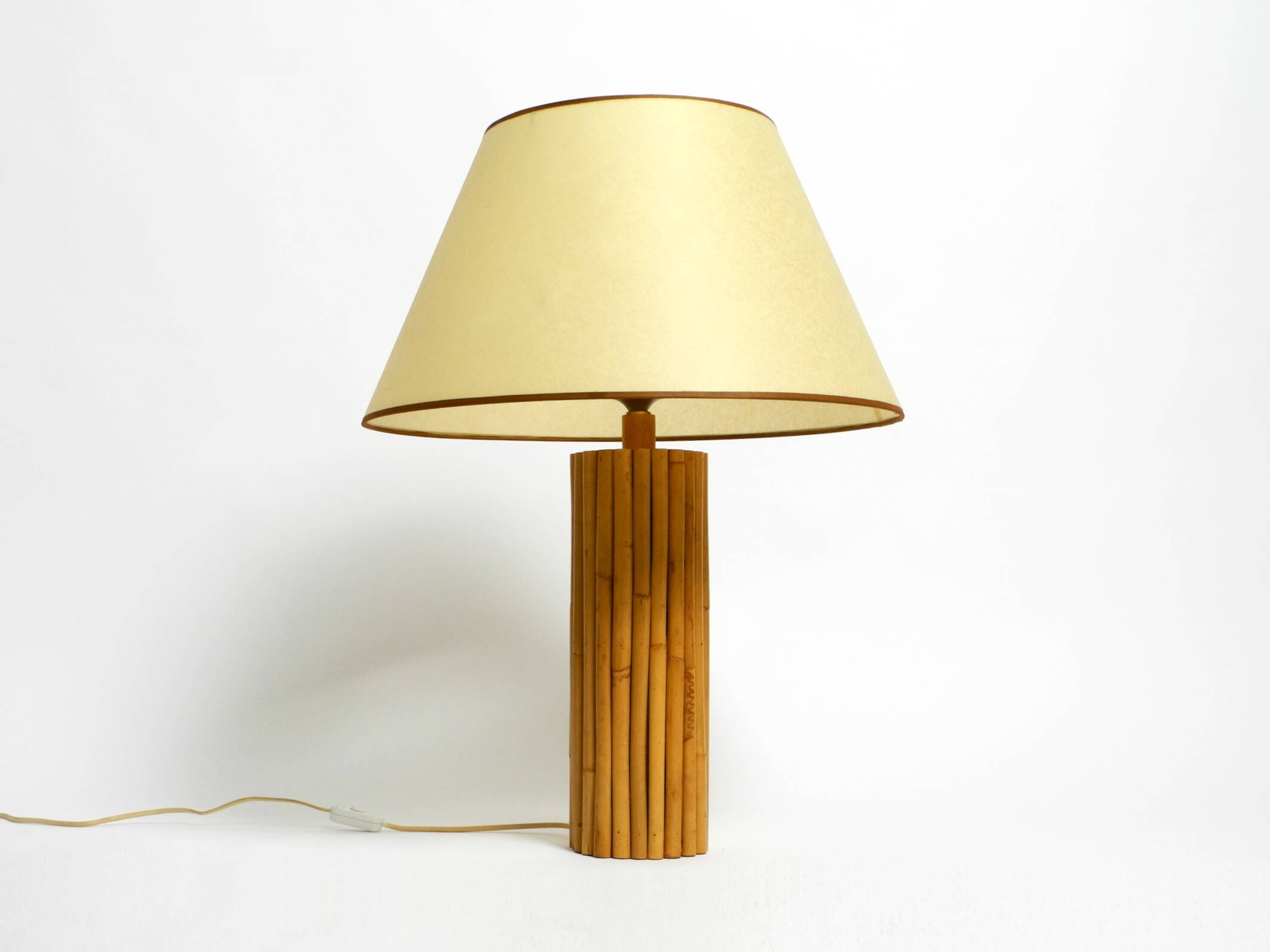 Large 1970s Italian bamboo table lamp with large oiled paper shad