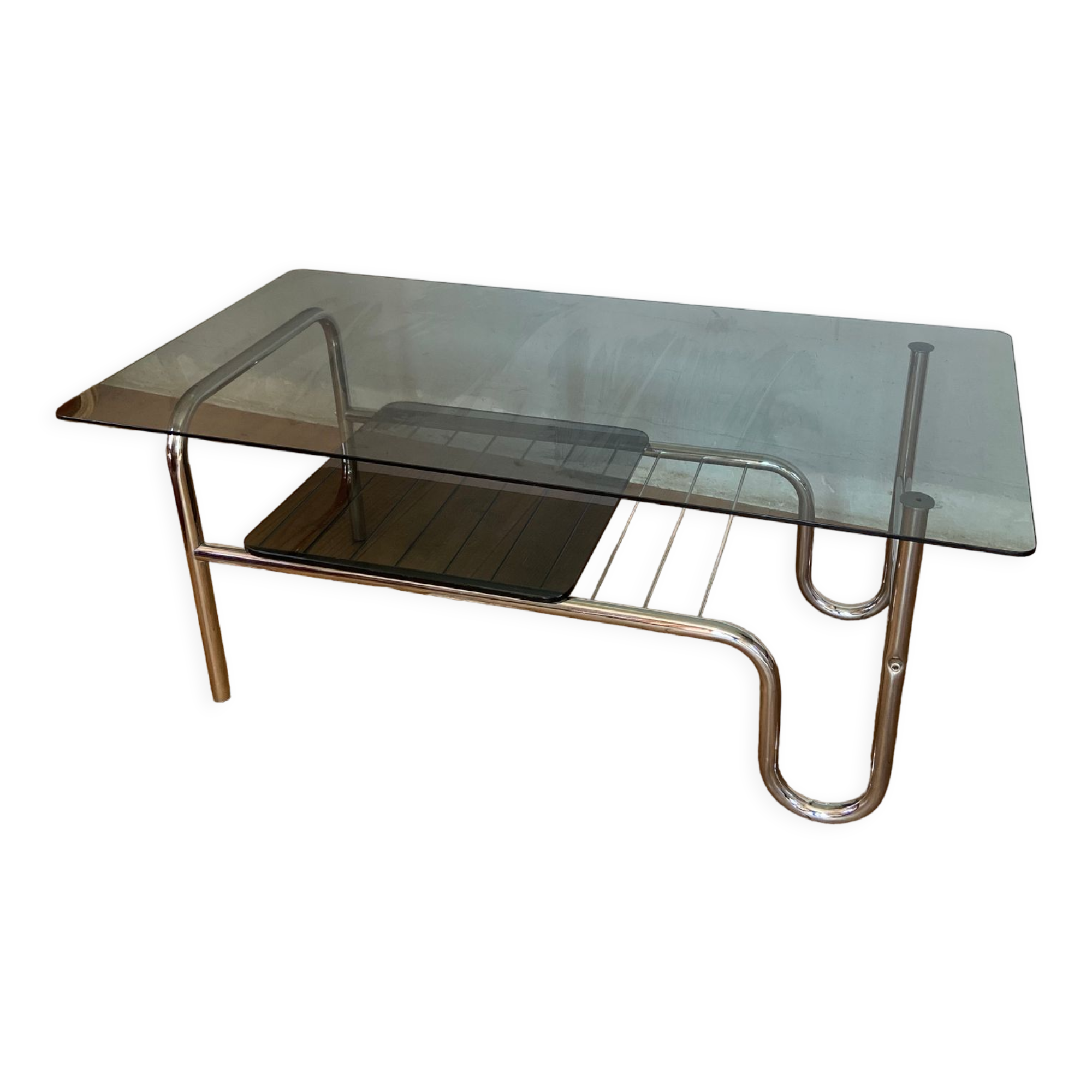 Design coffee table in chrome and smoked glass 60s-70s