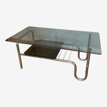 Table basse design en chrome et verre fumé années 60-70