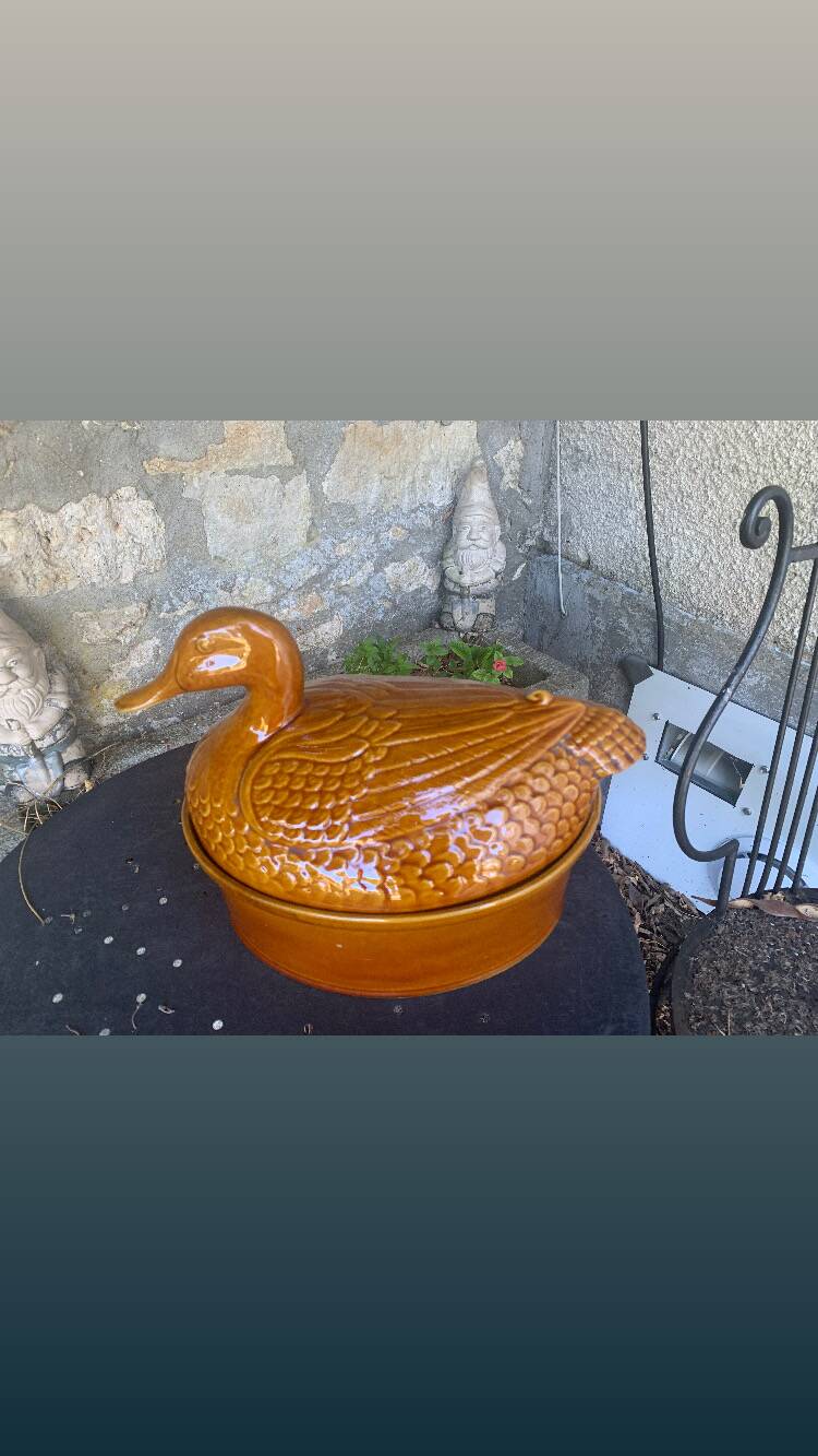 Duck, slip, glazed ceramic terrine, brown, vintage