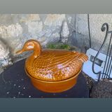 Duck, slip, glazed ceramic terrine, brown, vintage