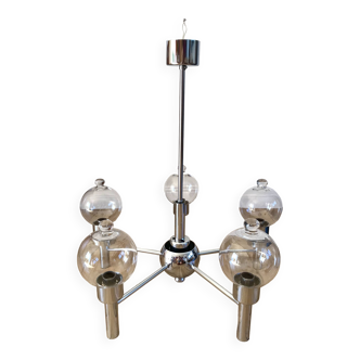 suspension design en chrome et boules en verre 5 feux Space Age années 70