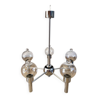 designer pendant light in chrome and glass balls 5 lights Space Age 70s