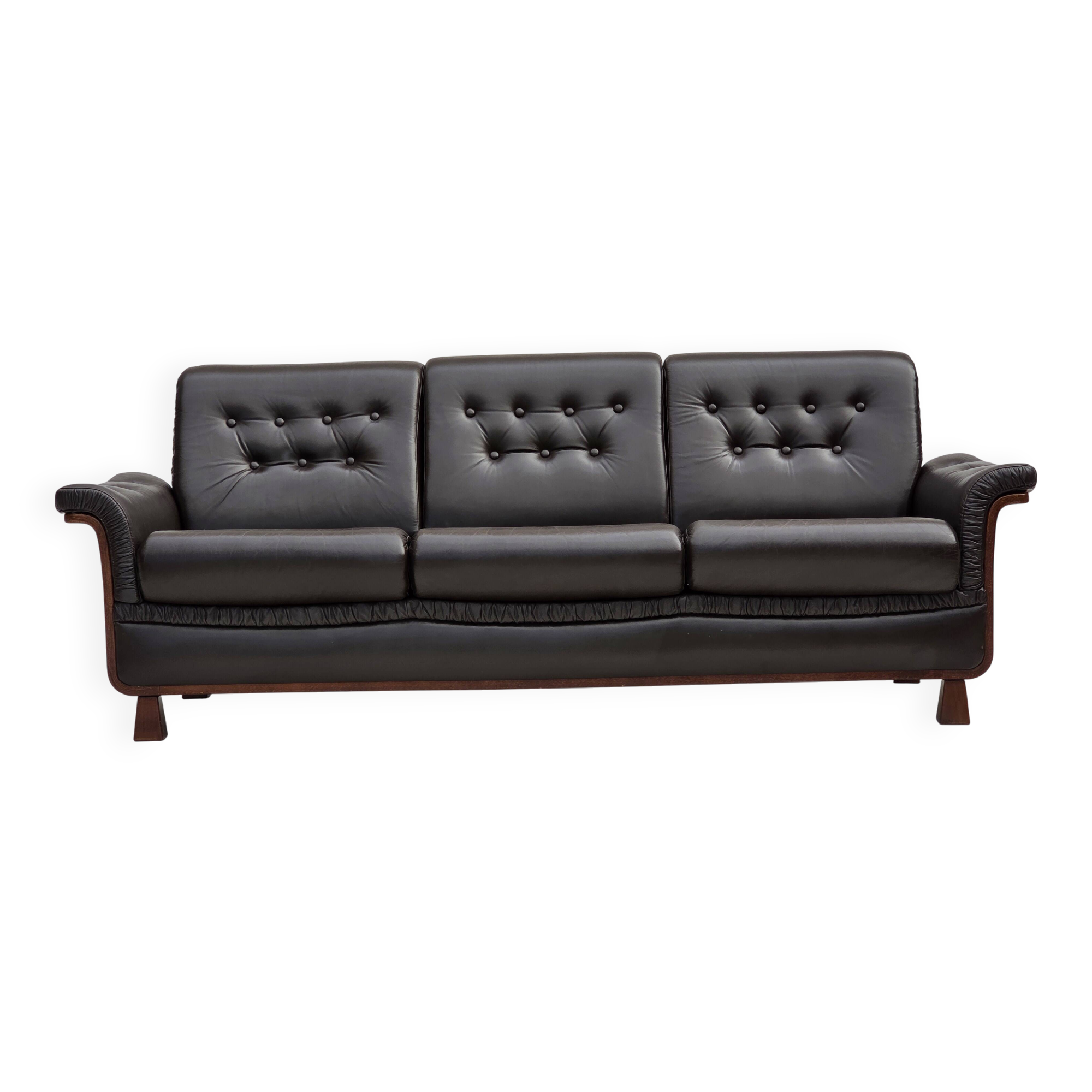 1970s, Scandinavian 3-seater sofa, furniture leather, teak wood legs.
