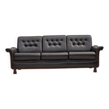1970s, Scandinavian 3-seater sofa, furniture leather, teak wood legs.